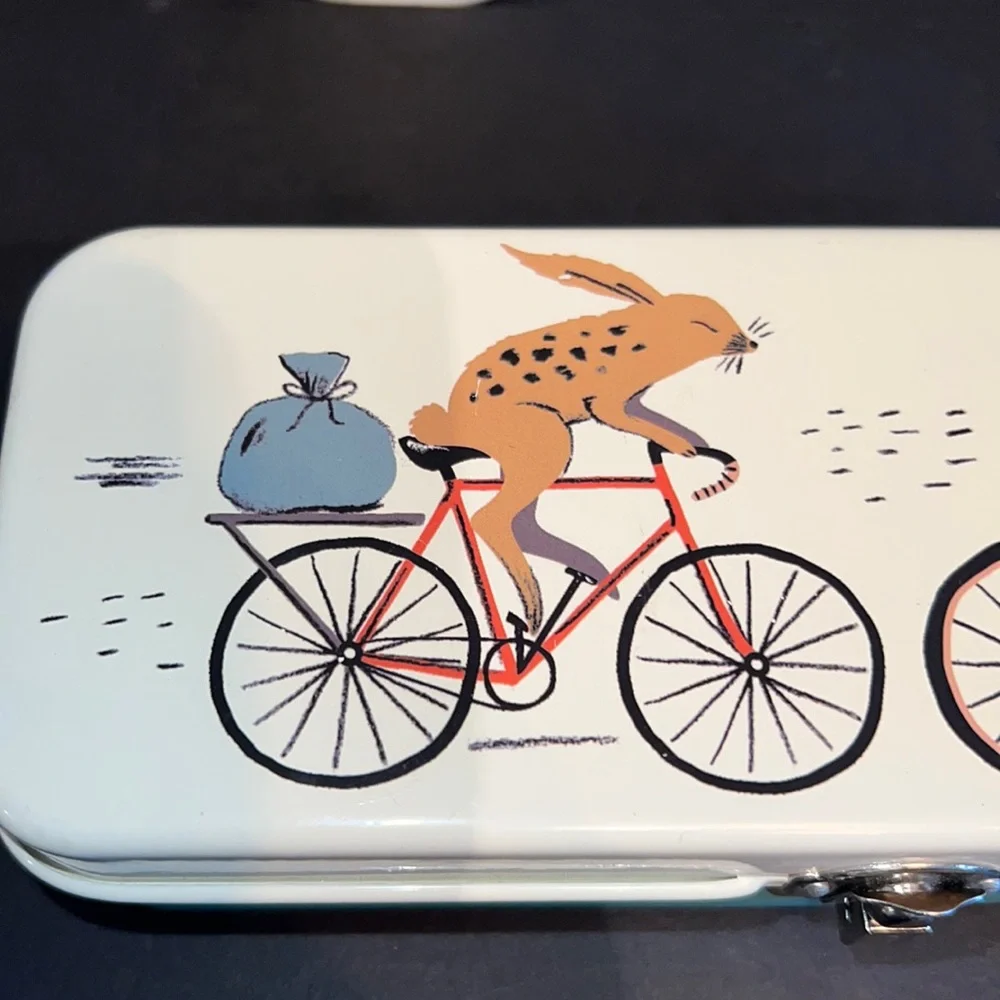 rabbits/aardvark/ostrich/caribou “Wild Rider” design metal pencil box & cup-NWT